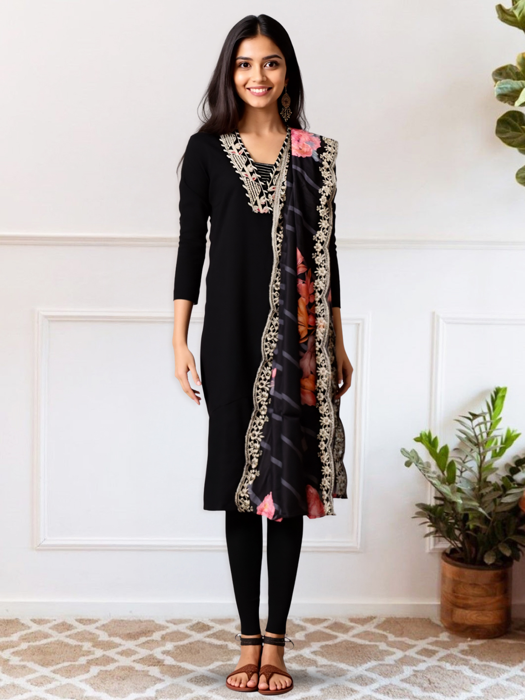 Picture of Elegant Embroidered V-Neck Kurta with Pant & Dupatta Set